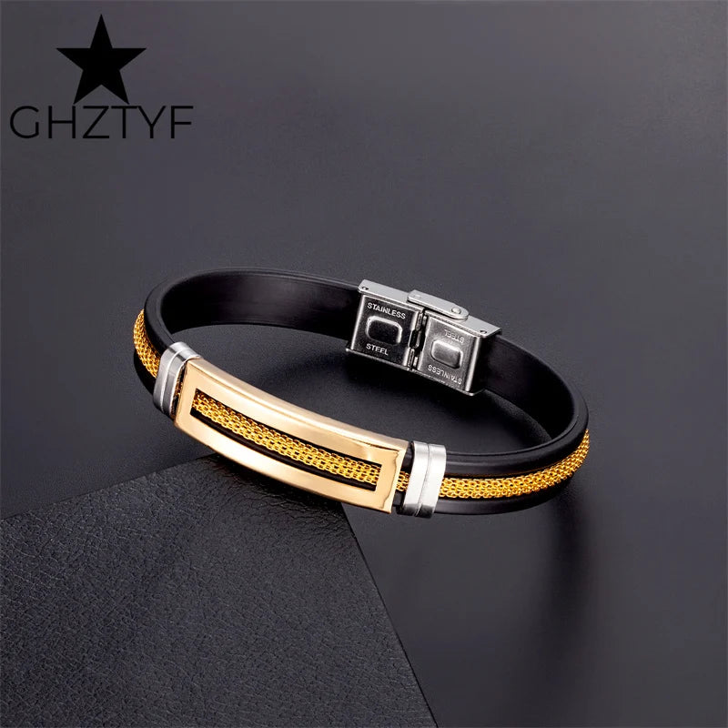 Golden Chain Stainless Steel Bracelets for Men Women Teens Black Rubber Belt Wristband Cuff Bangle Male Hand Jewelry Gifts