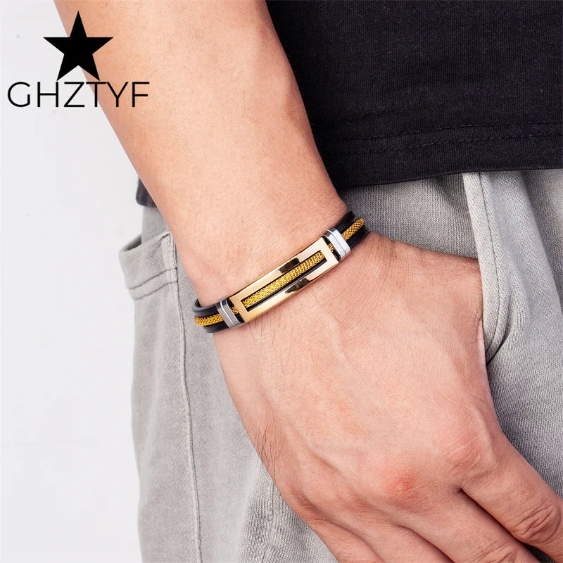 Golden Chain Stainless Steel Bracelets for Men Women Teens Black Rubber Belt Wristband Cuff Bangle Male Hand Jewelry Gifts