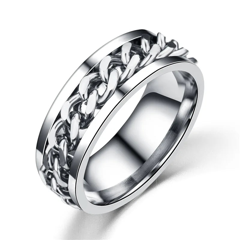 Bohemian Silver Color Titanium Stainless Steel Cocktail Rings Men Punk Statement Chain Finger Rings for Women Metal Jewelry