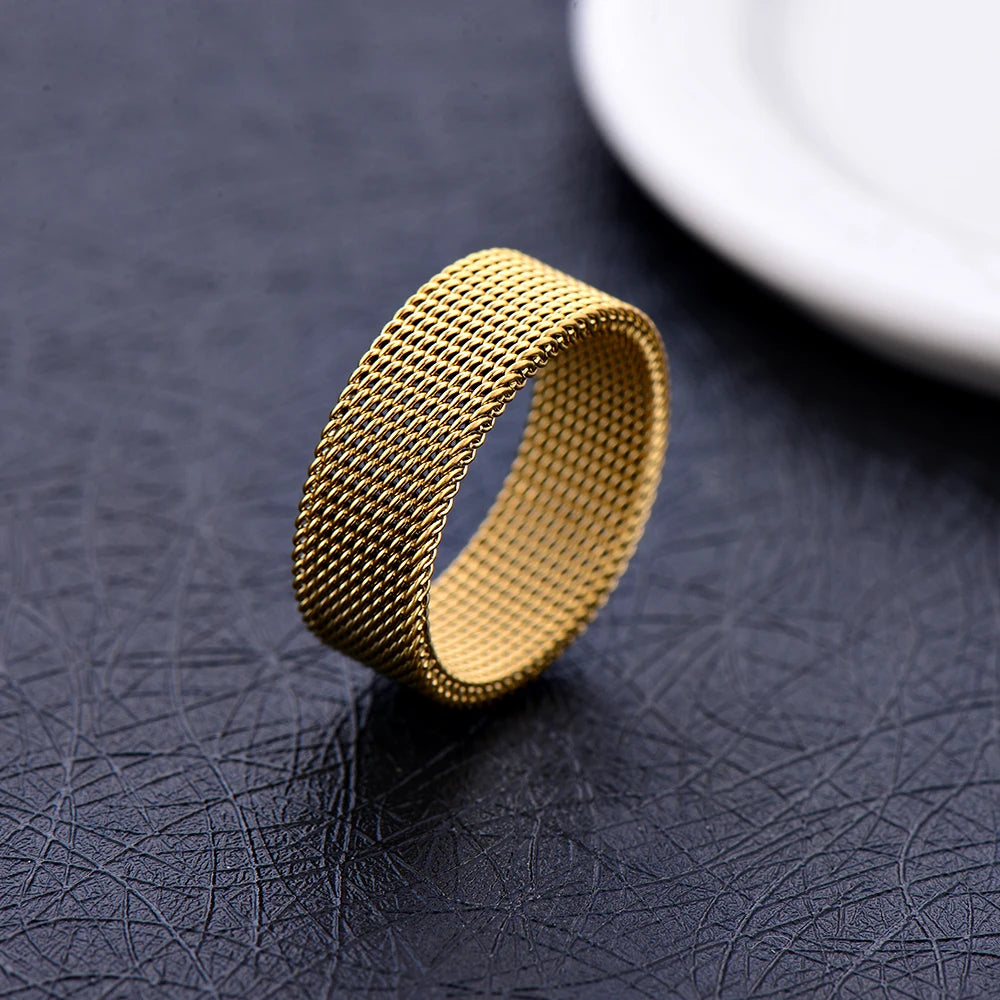 Hot sale width 8MM stainless steel gold black color mesh finger ring fashion jewelry for men and women Size 7-10# drop shipping