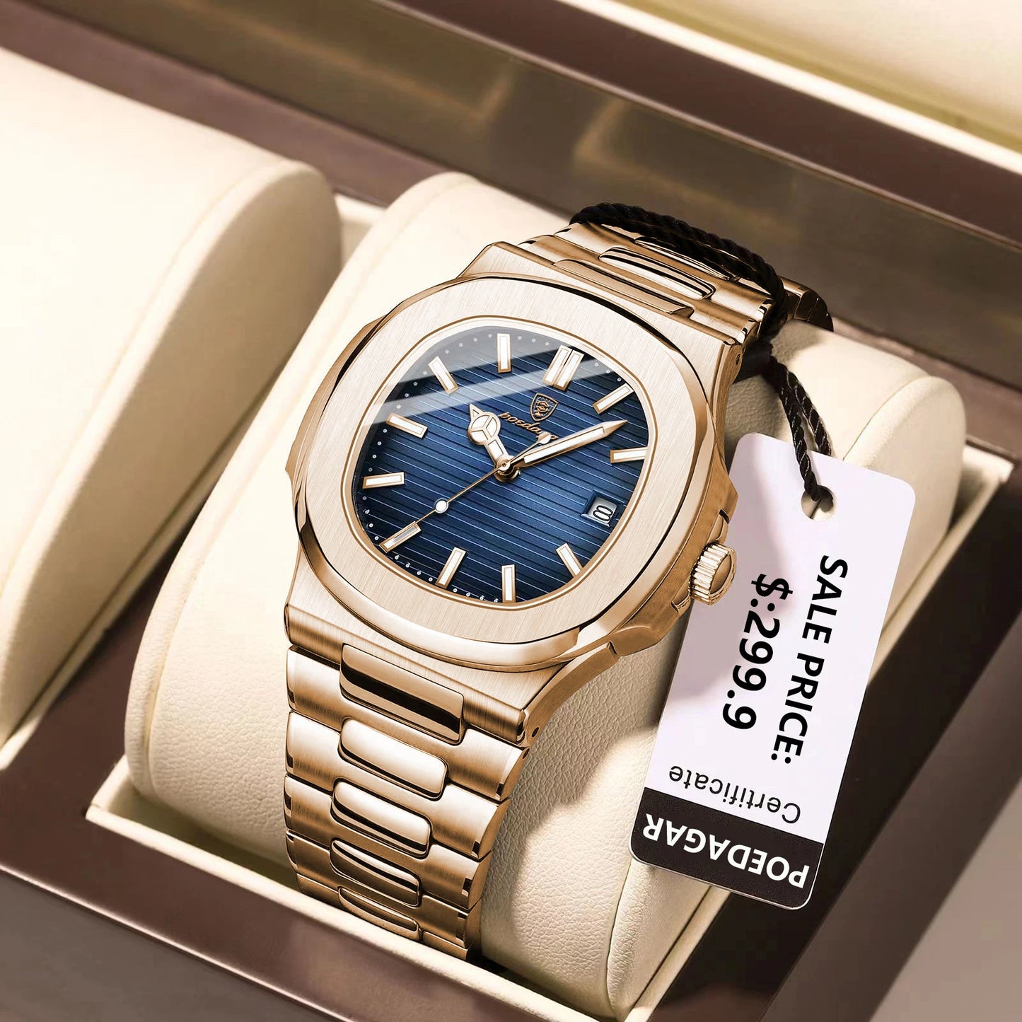 POEDAGAR Luxury Man Wristwatch Business Stainless Steel Quartz Men Watch Waterproof Luminous Date Square Men's Watches Clock+Box