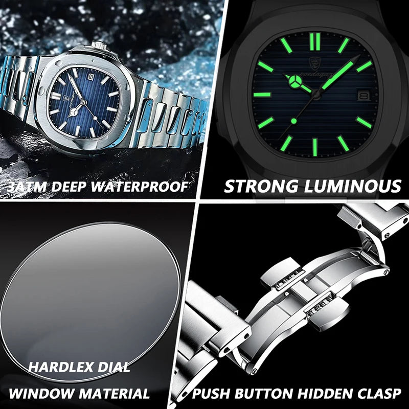 POEDAGAR Silver Luxury Mens Wristwatches Square Business Steel Strap Luminous Watch Man Simple Calendar Clock Waterproof Sport