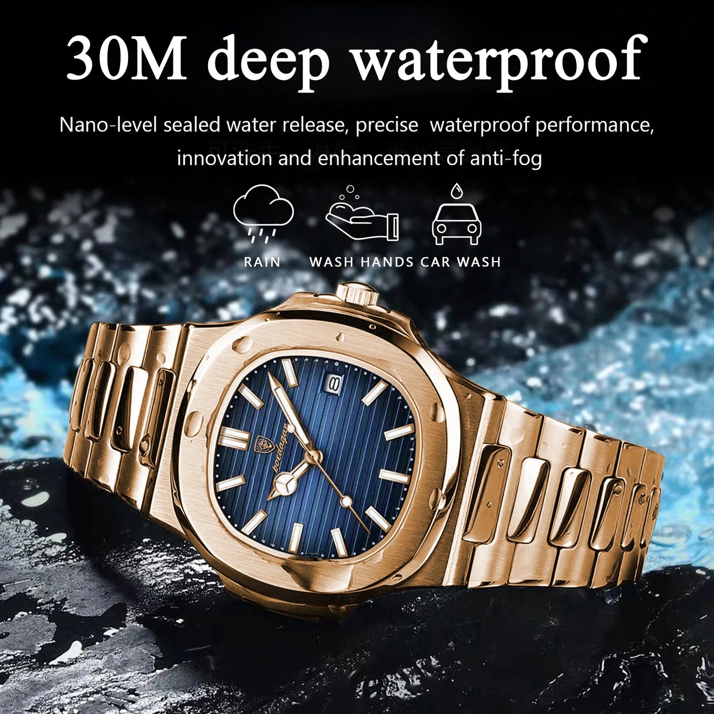 POEDAGAR Luxury Man Wristwatch Business Stainless Steel Quartz Men Watch Waterproof Luminous Date Square Men's Watches Clock+Box