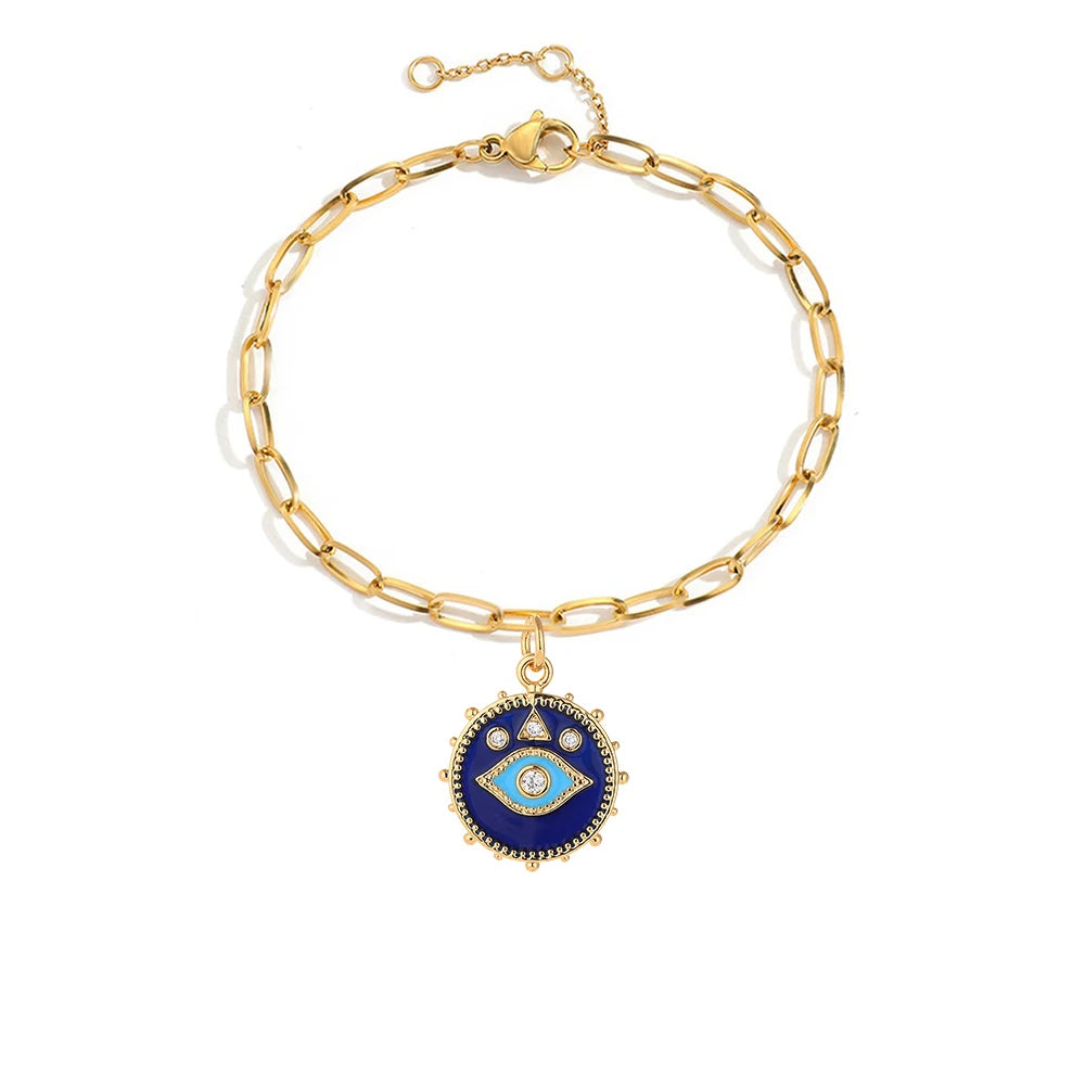 Cute Heart Love Sun Angel Charms Bracelet for Women Evil Blue Eye Gold Color Stainless Steel Chain Copper CZ Dangle Bangle