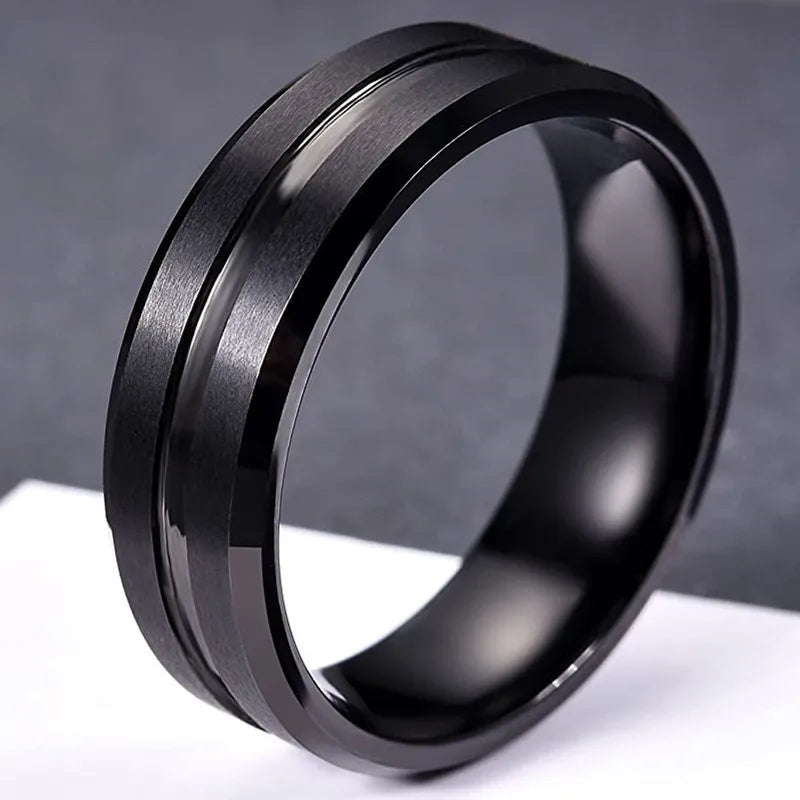 Fashion 8mm Men's Black Tungsten Wedding Band Rings Black Groove Beveled Edge Engagement Ring for Men's Valentine Gifts Jewelry