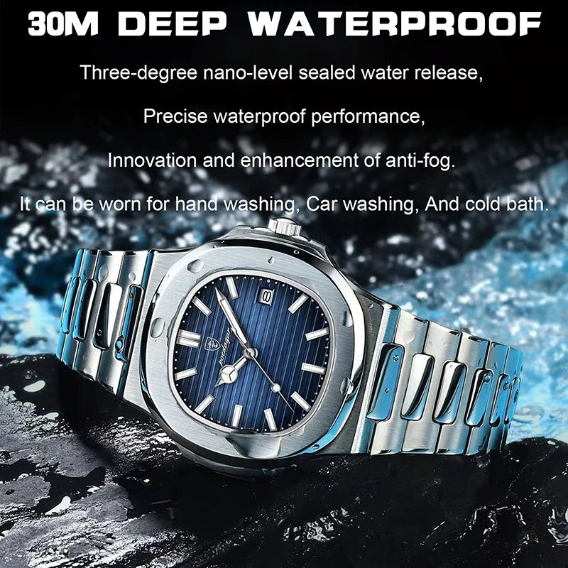 POEDAGAR Silver Luxury Mens Wristwatches Square Business Steel Strap Luminous Watch Man Simple Calendar Clock Waterproof Sport